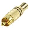 Connettore RCA maschio in metallo, colore oro con fascia nera, Montaggio: Saldatura, con
protezione cavo.